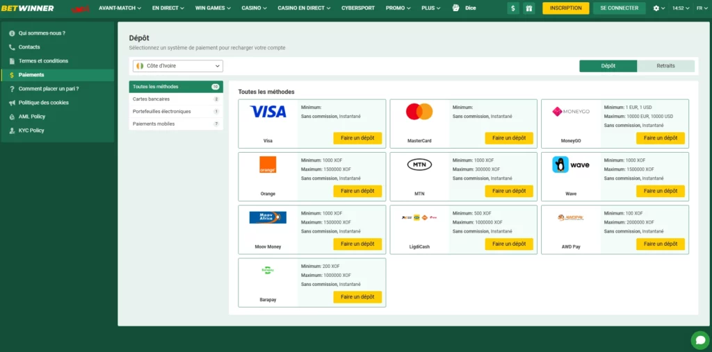 betwinner paiements ci